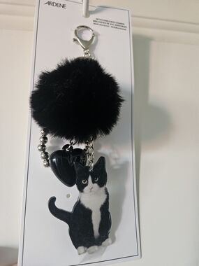 Ardene Black Fuzzy Pom-Pom Keychain with Cat & Heart Charms